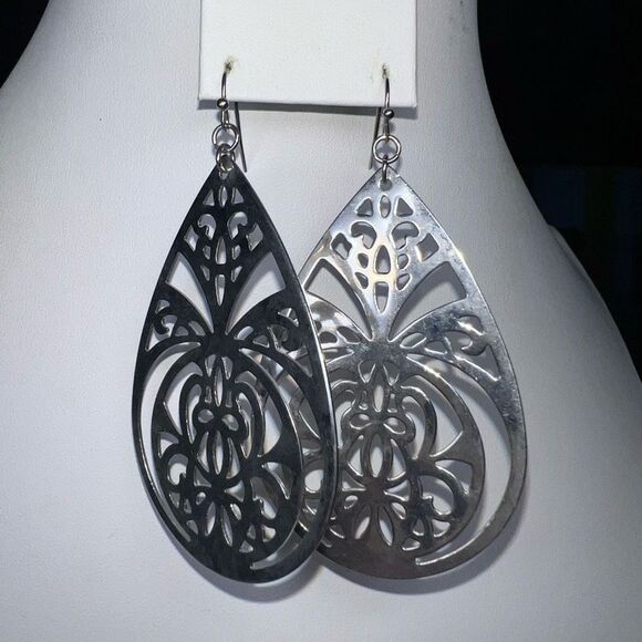 Stainless Steel Large Filigree Teardrop Earrings - Picture 5 of 8